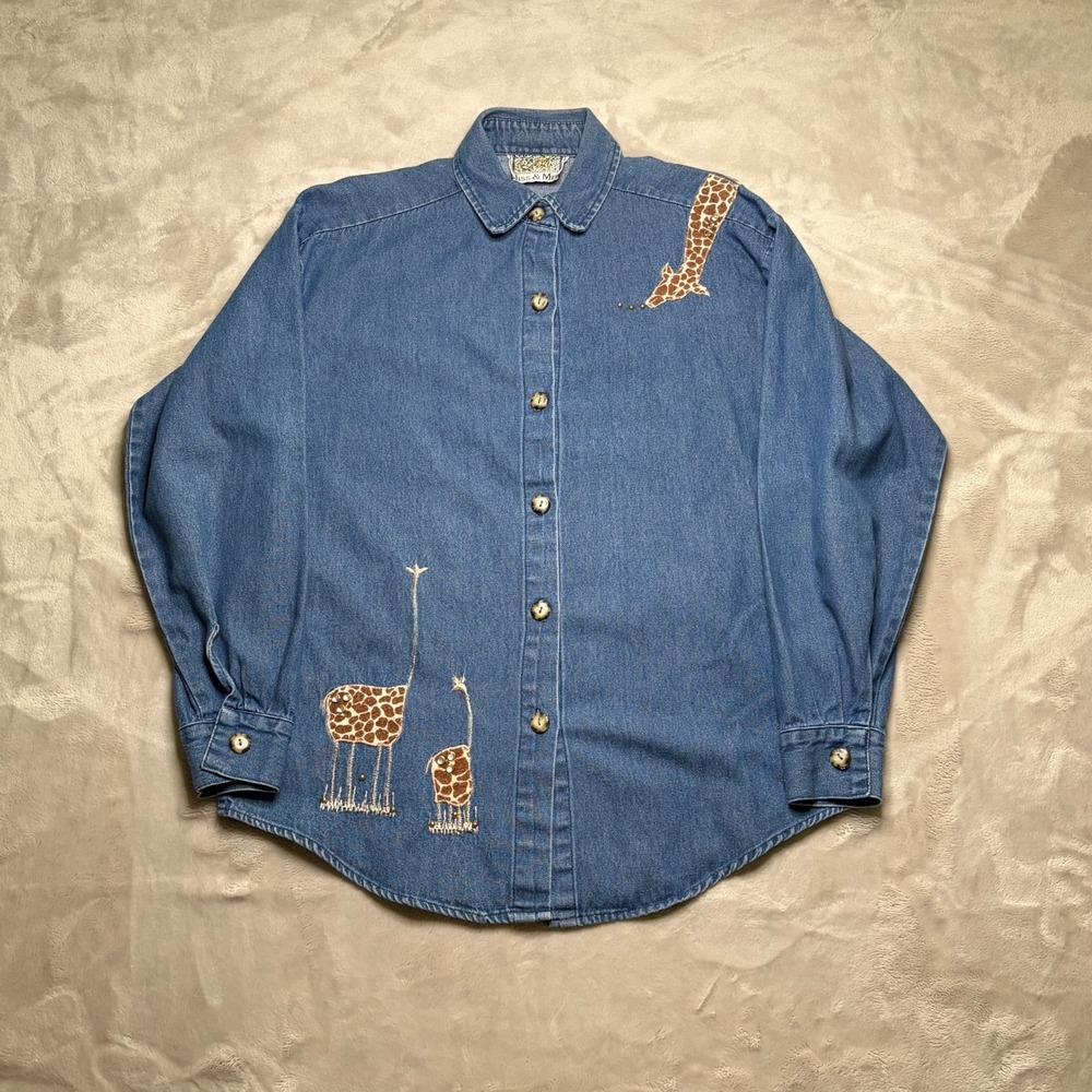 Vtg 90s Embroidered Denim Shirt Womens‎ M Giraffe Rhinestone USA Grandmacore